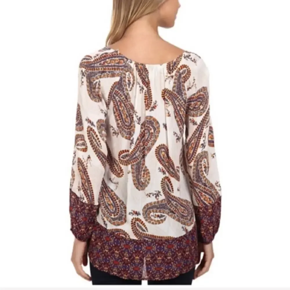 Lucky Brand Paisley Blouse Print Long Sleeve Boho Natural Multi Womens SZ Small